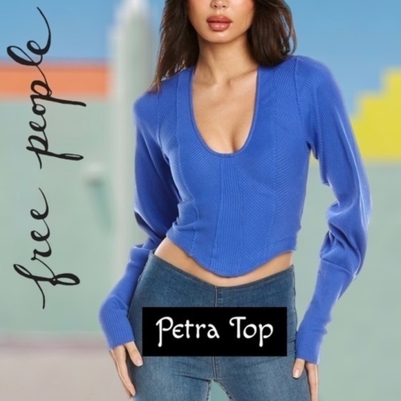 Free People Tops - FREE PEOPLE Petra Long Sleeve Low-Scoop Neck Crop Top in Blue/LG NWT